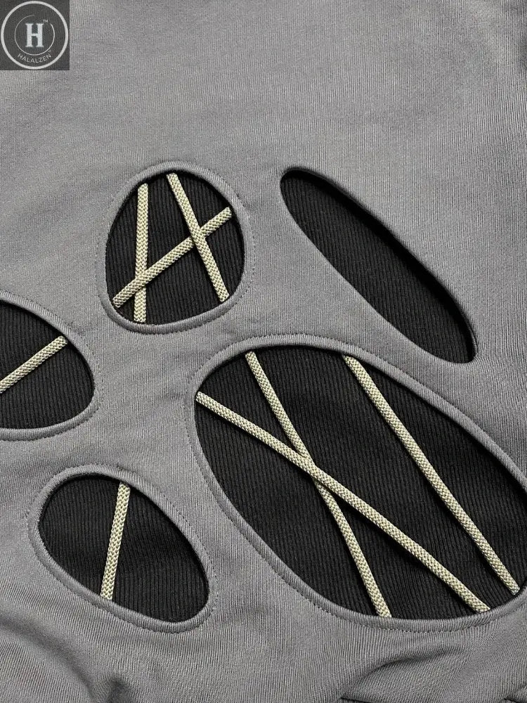 Harajuku Hoodie Men Streetwear American Loose Fit Pullover Sweatshirt Distressed Hole Design Retro Hip Hop Style Autumn Winter HALALZEN