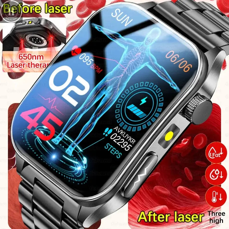 2026 New 650nm Laser Therapy Health Smartwatch Men ECG Blood Pressure Lipid Uric Acid Bluetooth Call Smart Watch For Android IOS HALALZEN