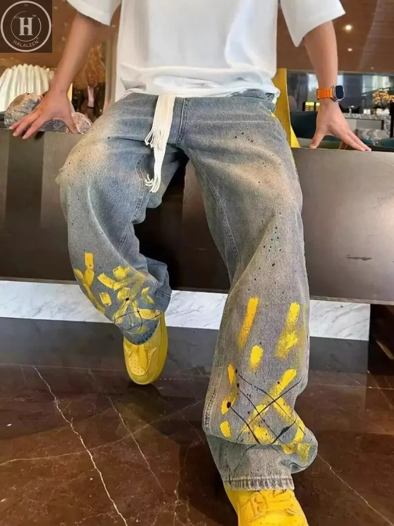 Light Blue Jacquard Streetwear Jeans for Men & Women - Straight Flared Pants with Elastic Waistband, Machine Washable, All-Seaso Halalzen UK