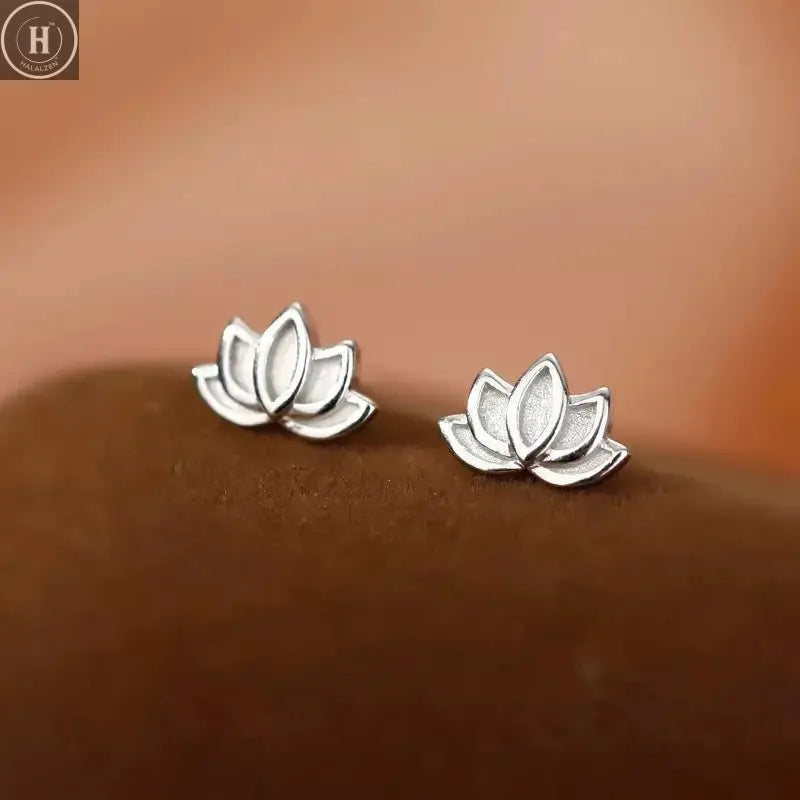 925 Sterling Silver Lotus Flower Small Stud Earrings For Women Piercing Luxury Elegant High Jewelry Best Selling HALALZEN