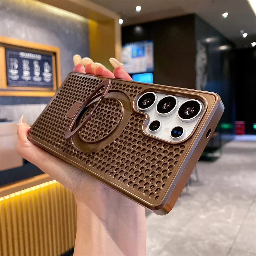 Magnetic Metal Fold Stand Heat Dissipation Phone Case for Samsung S25 S24 S23 Ultra FE S22 Plus 5G Luxury Protection Back Cover