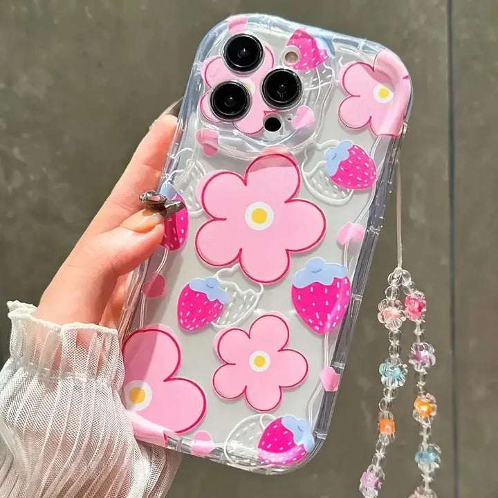 Fashionable, simple and cute TPU phone case with floral patterns With high-quality lanyards - i Phone 11, 11 Pro Max, 12, 12 Pro