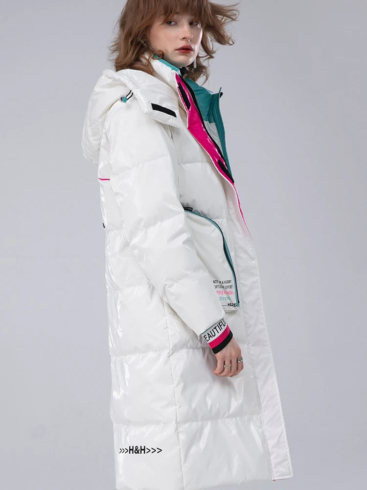 Winter Clothing Glossy Waterproof Coat Women Long 90% White Duck Down Coat Thick  Loose Outerwear Warm Down Jacket Hooded Parkas