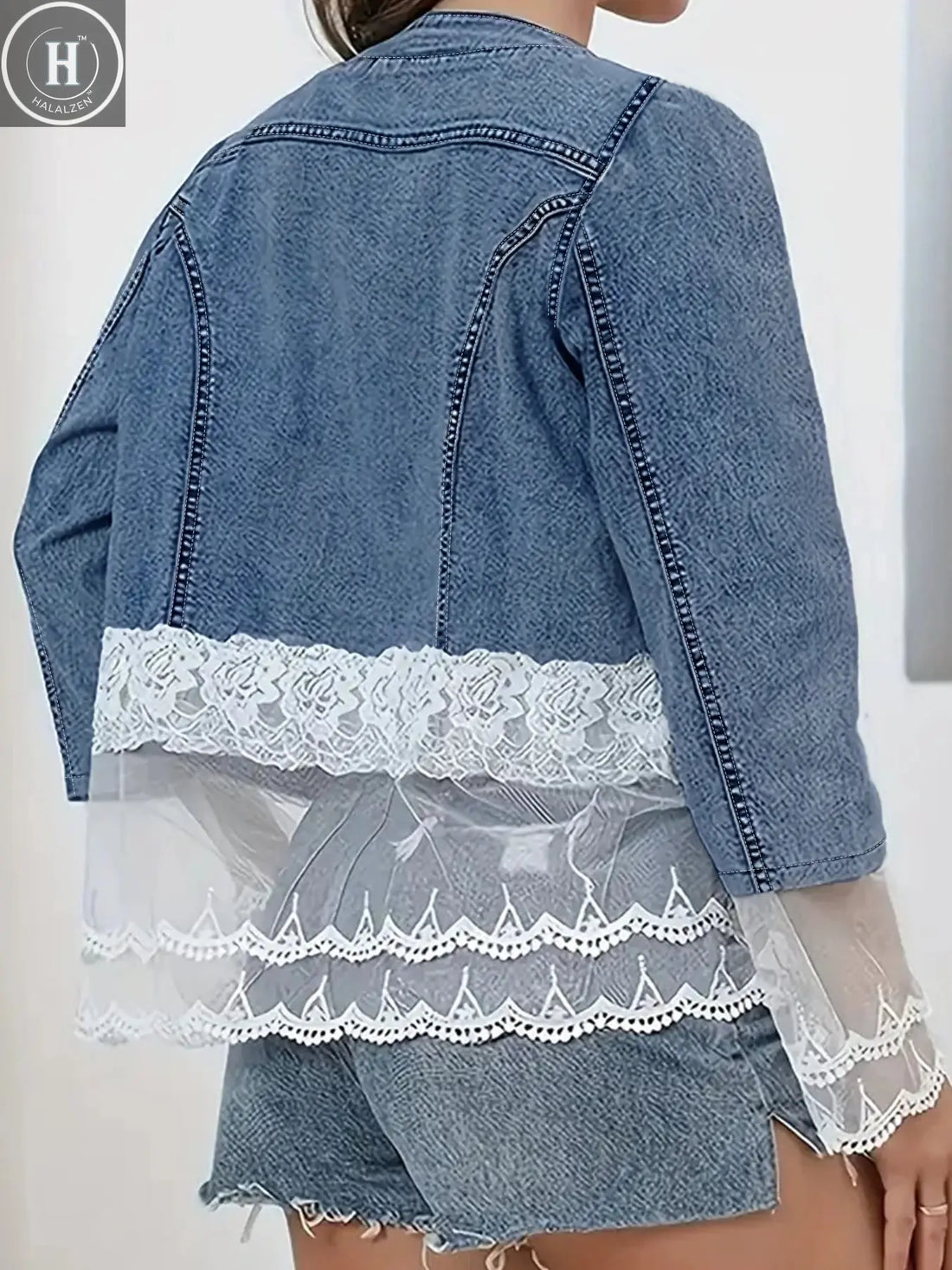 Plus Size Women's Short Denim Jacket Pearl Lace Design Elegant Comfortable Oversized Ladies' Jeans Jacket Halalzen UK