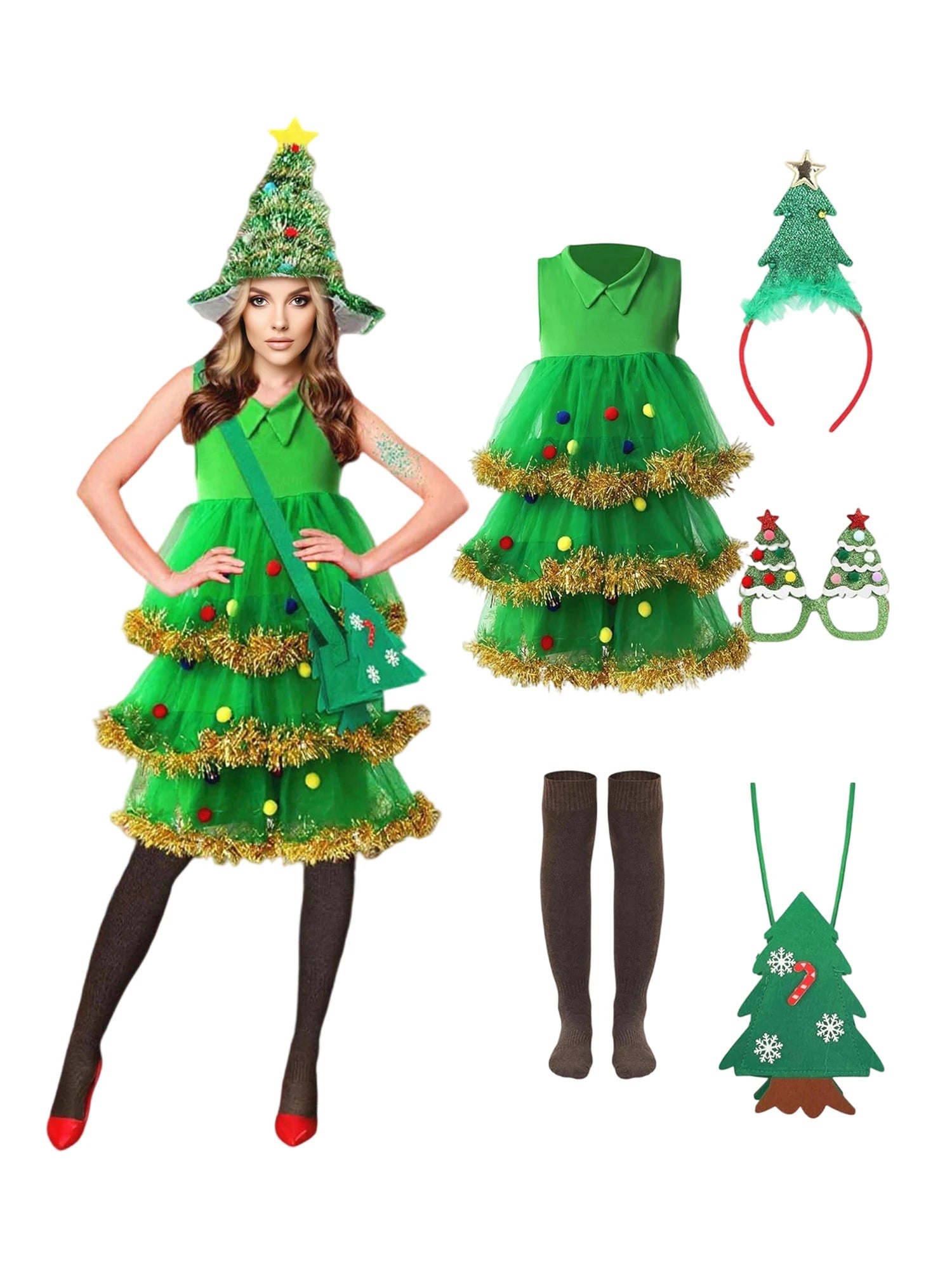 Women s Festive Christmas Tree Costume Set with Sparkling Tinsel Trim Tree Hat Dress Stockings and Matching Bag - 4 Piece