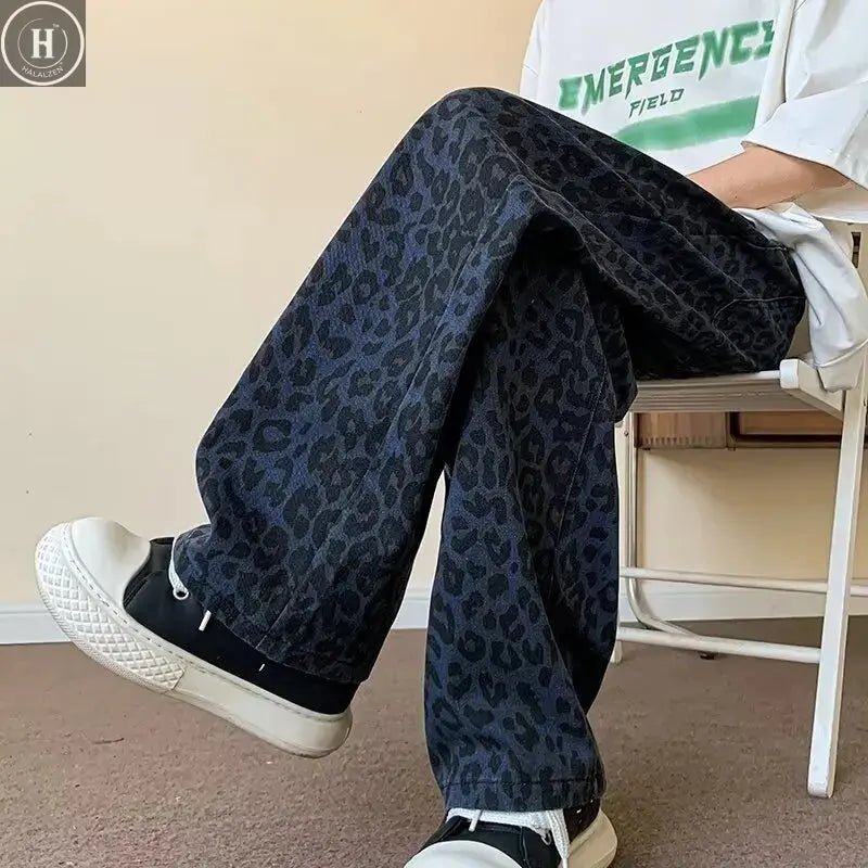 Retro American Style Men's Loose Fit Straight Leg Leopard Print Jeans Summer High Street Fashion Casual Cotton Denim Trousers Halalzen UK