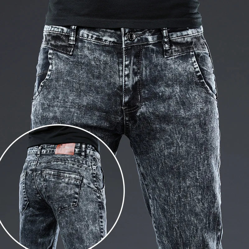 2024 Classic Korean Fashion Street Trendy Men Skinny Retro Snowflake Design Slim Fit Denim Pants New Elastic Cotton Men Jeans