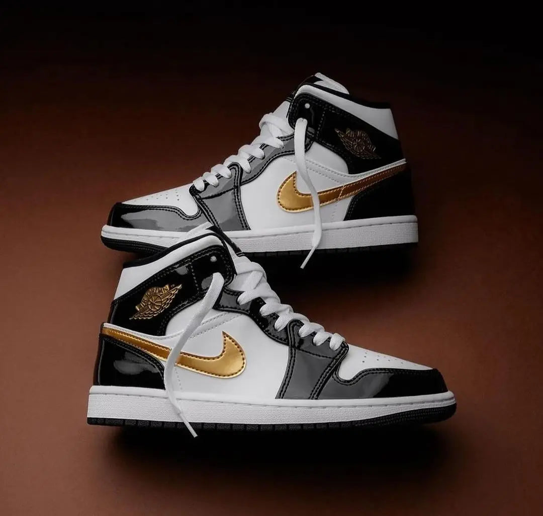 Original Air Jordan 1 Mid "Patent Black Gold" For and Men's Unisex Trend Retro Mid-Top Retro Classic Basketball Shoes