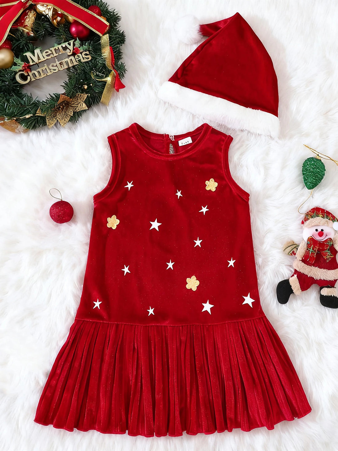 Cute Baby Girl Winter Dress Snowflake Print Round Neck Long Sleeve Velvet Dress with Matching Headband Set for Christmas
