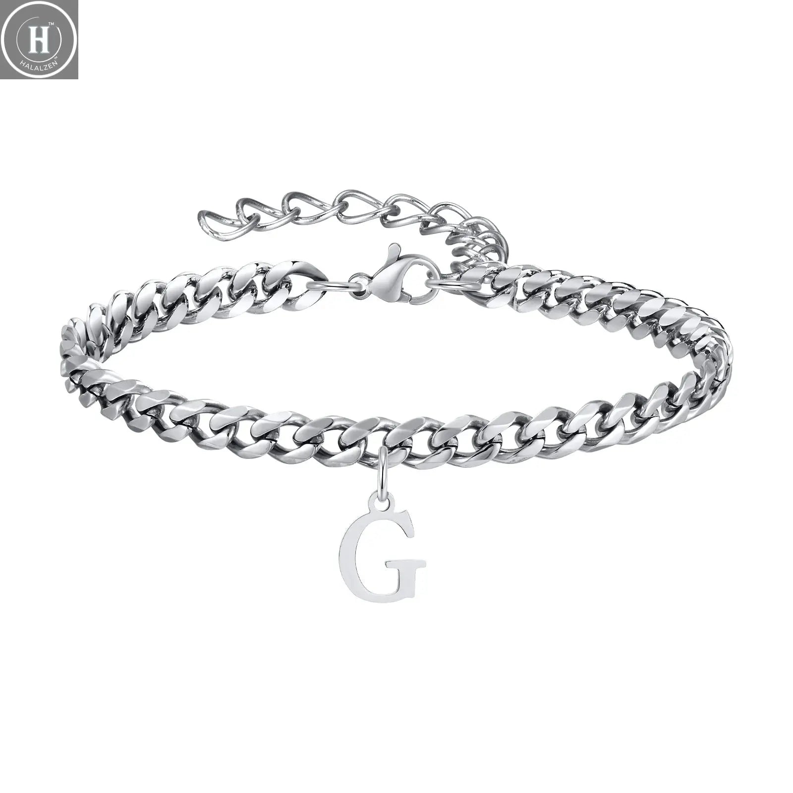 Mens Initials Cuban Links Bracelets,Stainless Steel A-Z 26 Letters Alphabet Charm Chain Wristband Adjustable,Casual Jewelry Gift HALALZEN