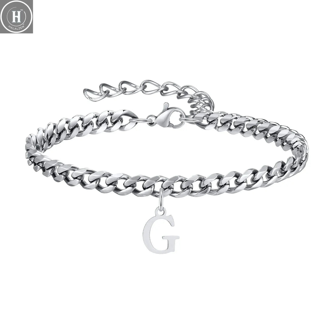 Mens Initials Cuban Links Bracelets,Stainless Steel A-Z 26 Letters Alphabet Charm Chain Wristband Adjustable,Casual Jewelry Gift HALALZEN