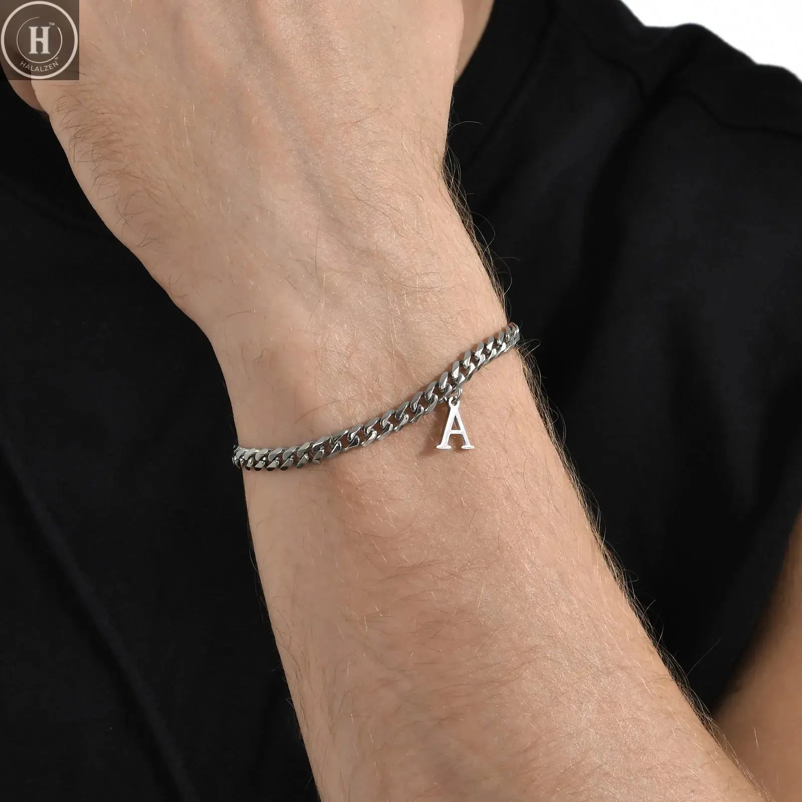 Mens Initials Cuban Links Bracelets,Stainless Steel A-Z 26 Letters Alphabet Charm Chain Wristband Adjustable,Casual Jewelry Gift HALALZEN