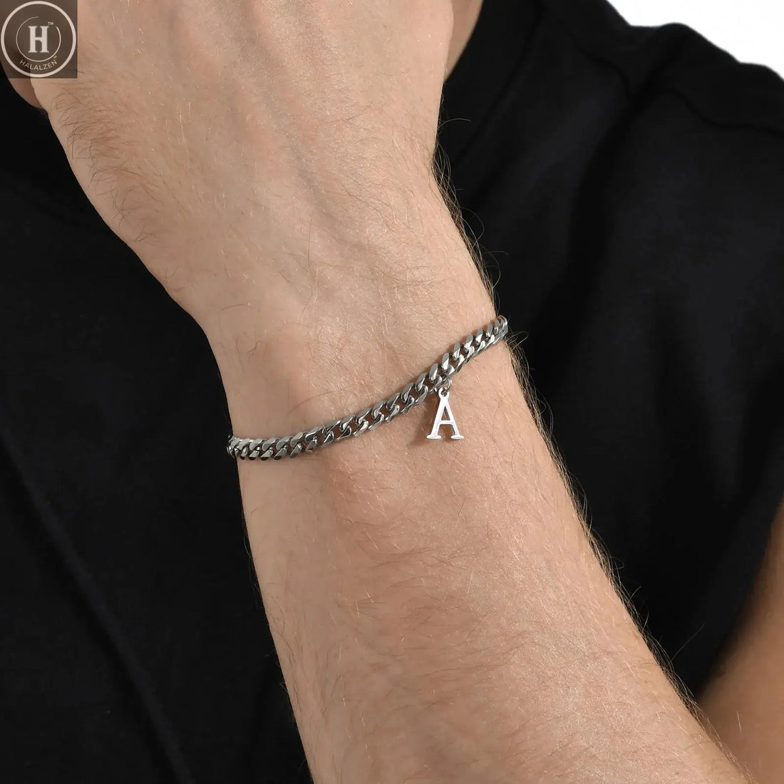 Mens Initials Cuban Links Bracelets,Stainless Steel A-Z 26 Letters Alphabet Charm Chain Wristband Adjustable,Casual Jewelry Gift HALALZEN