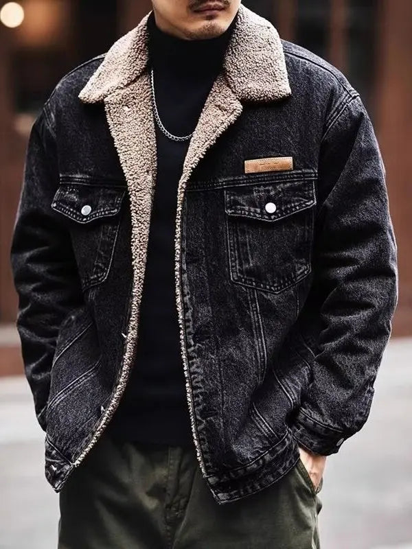 Men's Winter Thiened Lamb Velvet Cotton Jaet Casual Warm Workwear Denim Sle Coat with Inner Fce Collar Stand up Coat