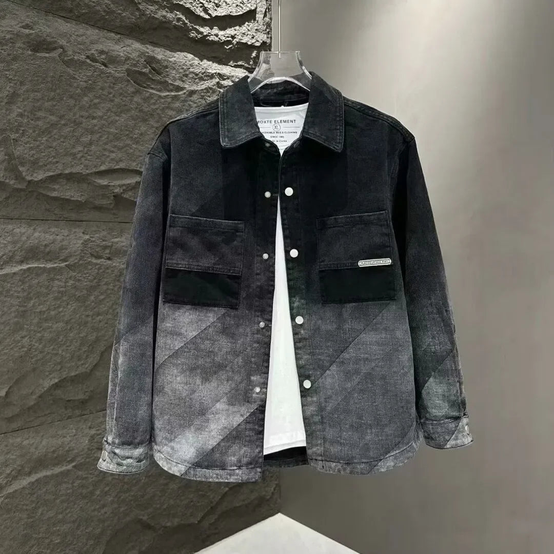 Men's Casual Loose Fit Denim Jacket With Patchwork Design And Faded Wash Turn Down Collar Single Breasted Long Sleeve Outerwear