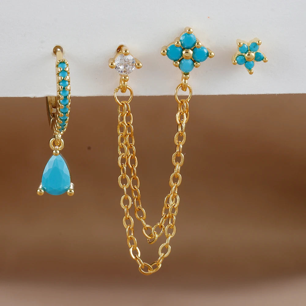 3PCS Set Stainless Steel Crystal CZ Butterfly Ear Stud Earring Gold Plated Pendant Water Drop Cartilage Earring Piercing Jewelry