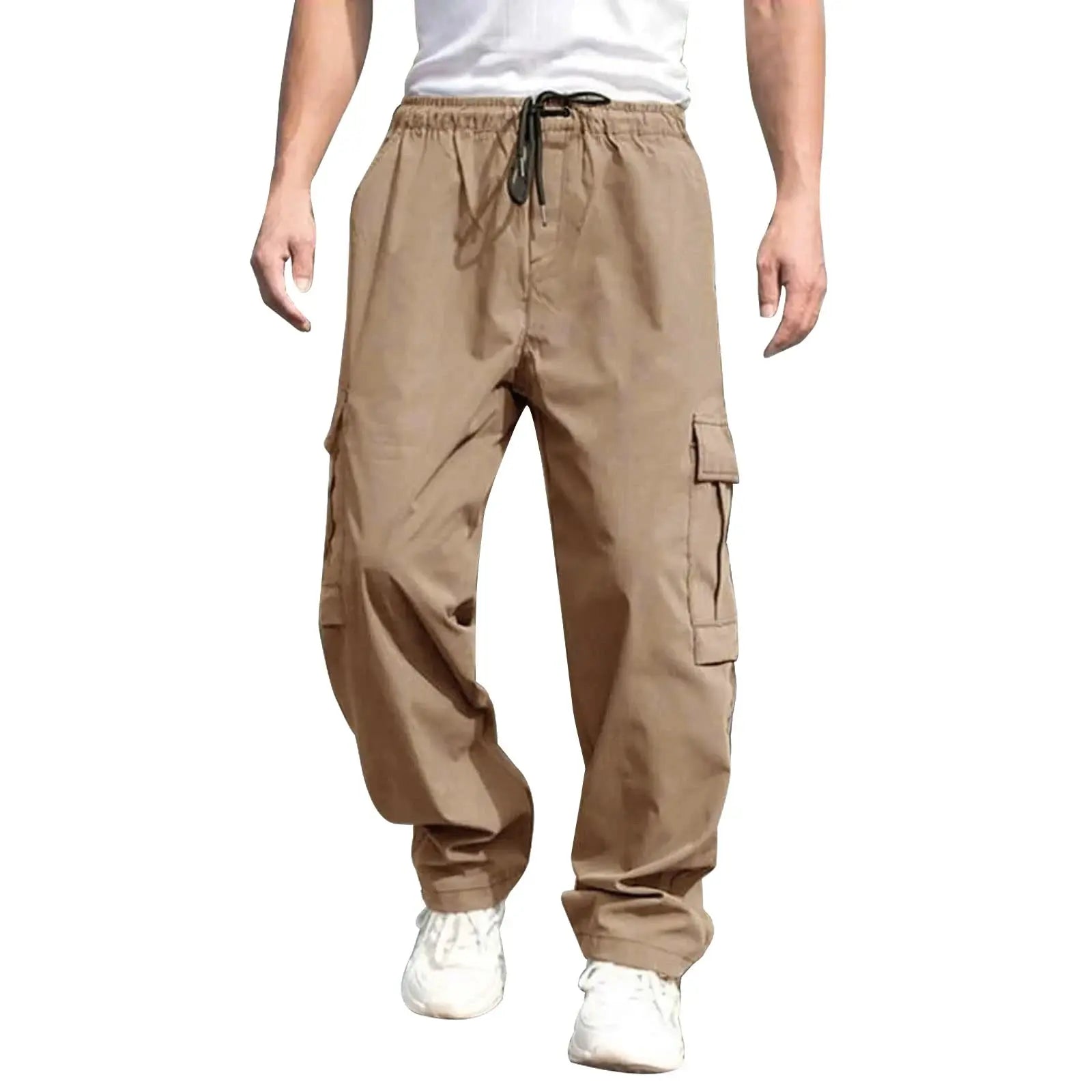 Men s Loose Cargo Long Pants Solid Color Drawstring Waist Straight Leg Trousers Casual Work Pants with Pockets Halalzen UK