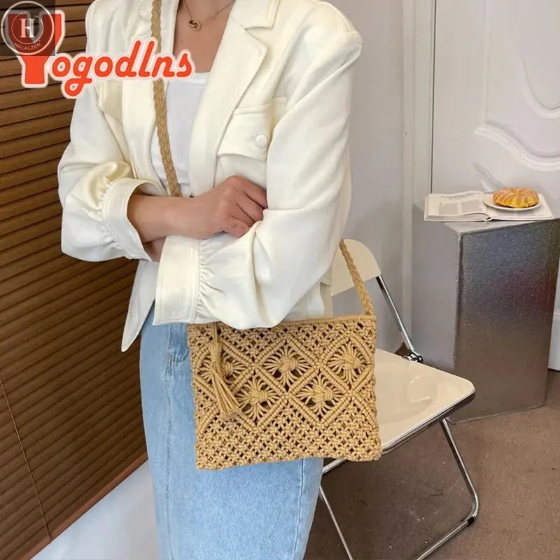 Summer Hollow Straw Bag For Women Tassel Decors Shoulder Messenger Bag Travel Beach Bag Daily Cotton Rope Crossbody Bag HALALZEN