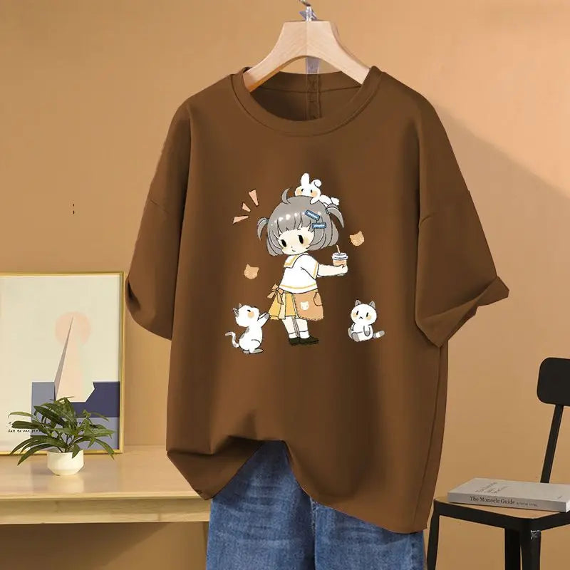 Summer Cartoon Printed T-shirt Loose Pure Cotton Short Sleeve O-neck Pullovers Women's Basic Casual Top Tees