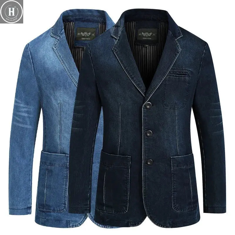 Autumn Men Denim Coat Vintage Washed Turn Down Collar Long Sleeve Male Jacket Single-breasted Business Casual Man Outerwear HALALZEN