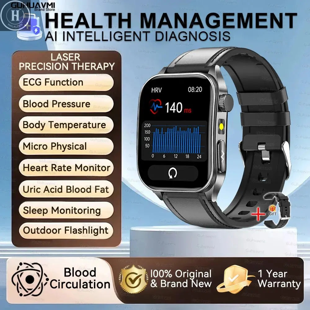 2026 New Health Smart Watch Laser Therapy Reduce Three Highs Blood Oxygen Pressure Uric Acid Blood Lipid ECG Smartwatch For Man HALALZEN