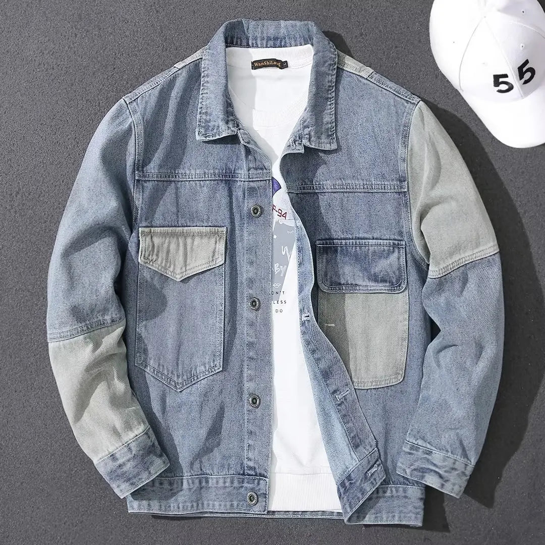 Korean Style Denim Patchwork Outerwear Mens Collared Jacket Casual Minimalist Fashion Trendy Spring Autumn New Style Jacket