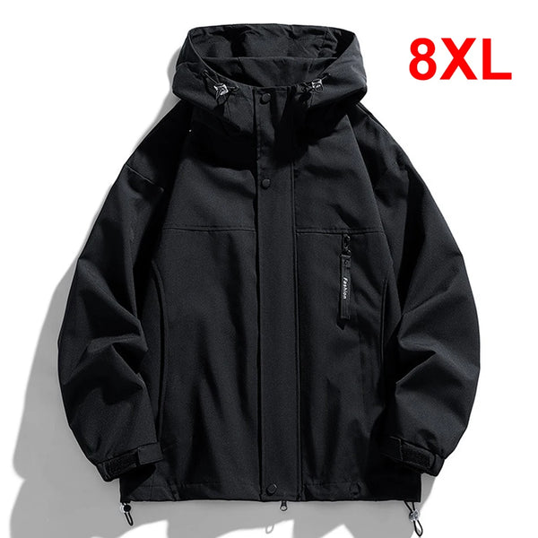 Black Camping Jacket Men Windbreak Coat Plus Size 8XL Fashion Casual Waterproof Jacket Male Solid Color Outerwear Big Size