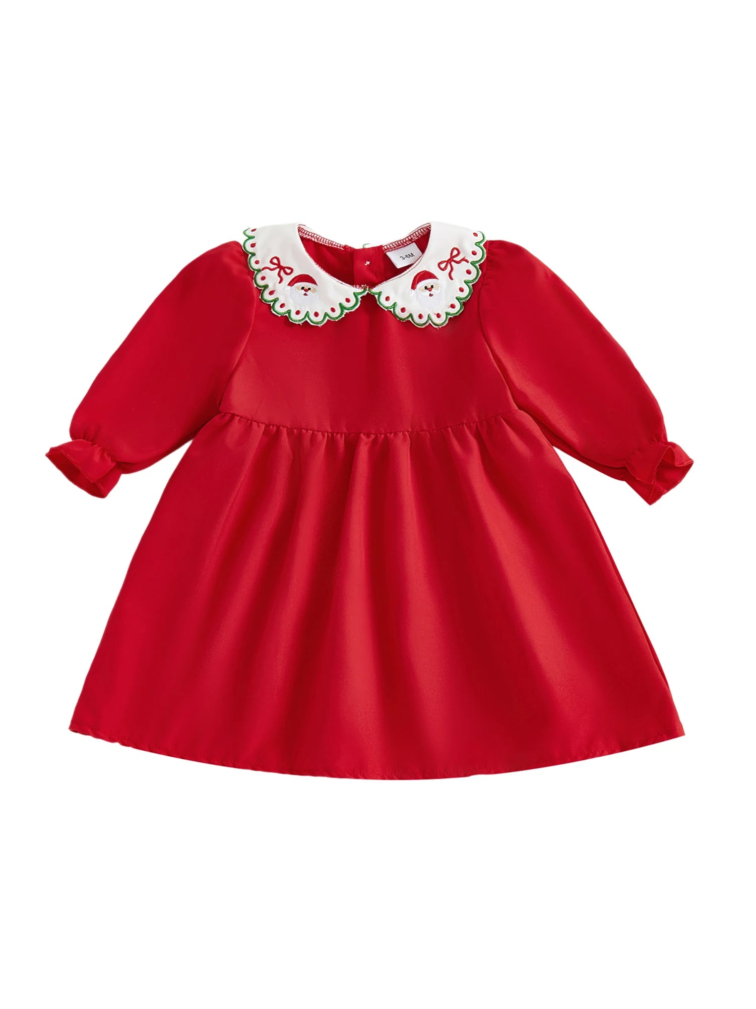 Little Girls Santa Claus Embroidery Dress Christmas Long Sleeve Doll Collar A-line Dress
