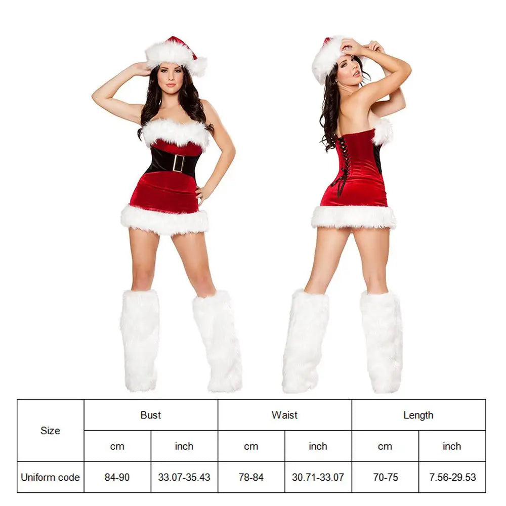 Women Santa Costume Santa Outfit  Women's Red Christmas Strap Dress with Hat and Leg Warmers for Christmas Role Play