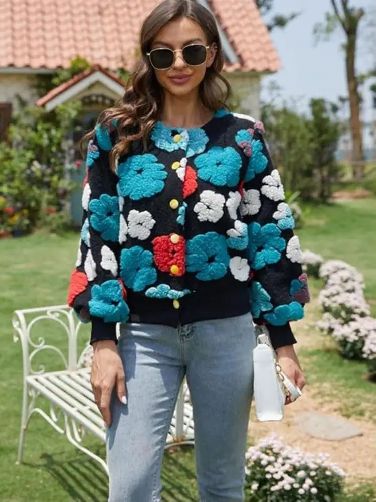 Wool Coats for Women Floral Puff Sleeve Embroidered Printing Short Fall Winter Jacket