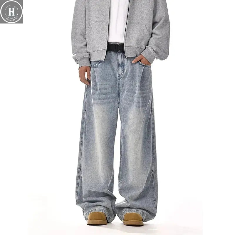 New Korean Retro Men'S Jeans High Street Straight Leg Pants Loose Casual Jeans Fashion Wide Leg Pants Halalzen UK