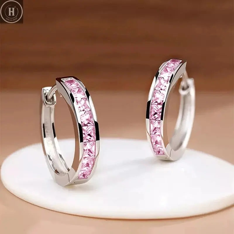 Huitan Classic Design Women Hoop Earrings Full with Princess Square CZ HALALZEN