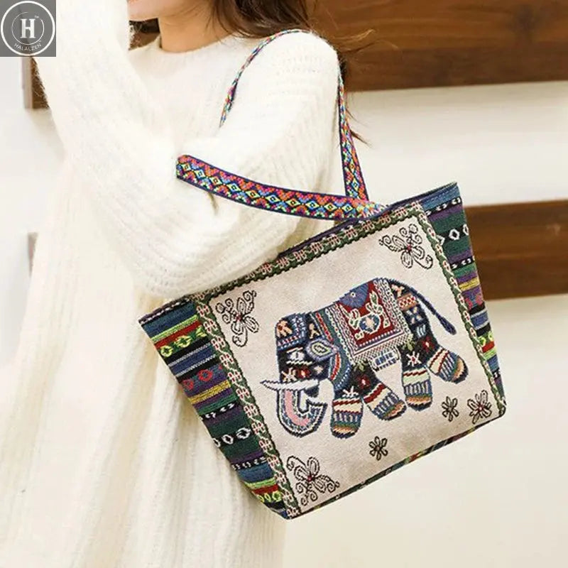 National Style Canvas Shopping Bags Thailand Bangkok Elephant Fashion Printing Tote Shoulder Bag Beautifully Sandy Handbags HALALZEN