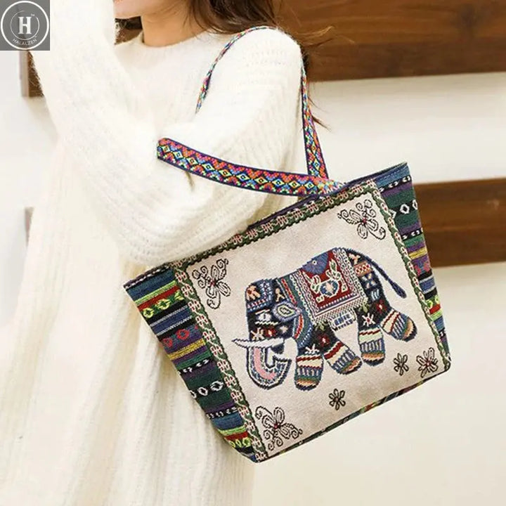 National Style Canvas Shopping Bags Thailand Bangkok Elephant Fashion Printing Tote Shoulder Bag Beautifully Sandy Handbags HALALZEN