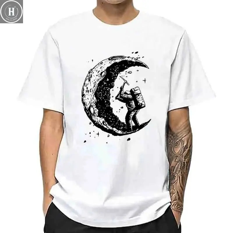 Men's High Quality 100% Cotton Moon Print Casual Summer Cool Short Sleeve Men Tshirt Loose t-shirt Male Tee Shirts Male Tee Tops HALALZEN