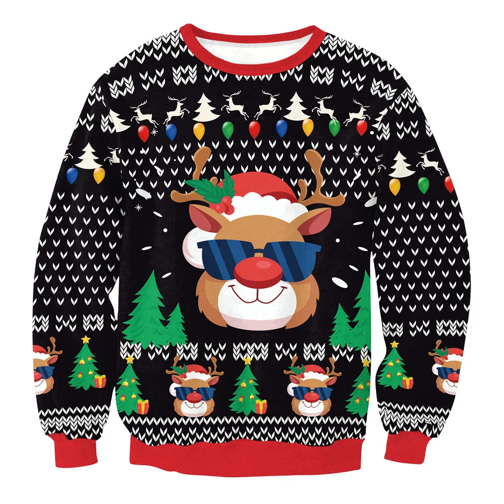 Men Women Crewneck Xmas Sweatshirt 3D Christmas Tree Gift Print Holiday Party Jumper Tops Pullover Alpaca Ugly Christmas Sweater