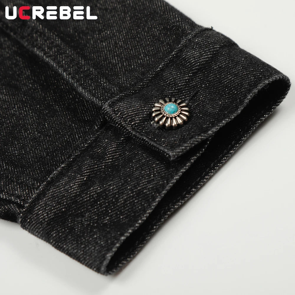 Spliced Raw Denim Jacket Mens with Rivets Retro High Street Autumn Winter Lapel Long Sleeve Cowboy Jacket Man Outerwear