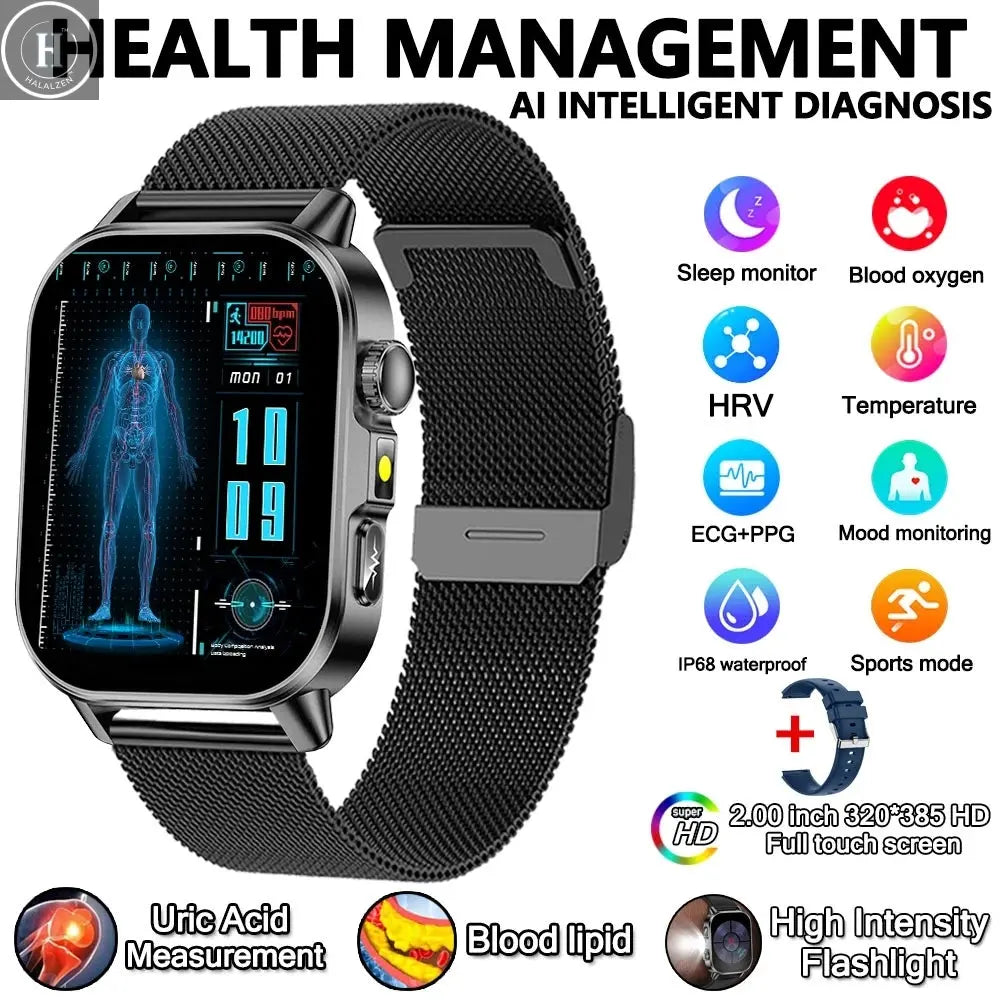 2026 New Model Uric Acid & Lipid Health Analysis Smart Watch Men ECG+PPG Bluetooth Call 2.01-inch Flashlight Smartwatch Women HALALZEN