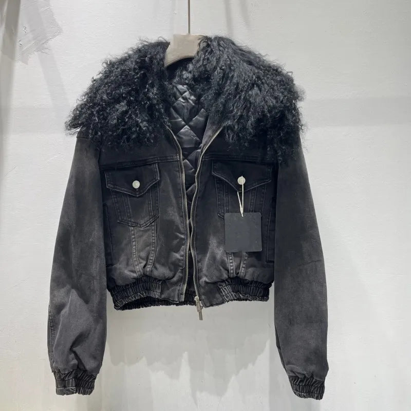 Women Vintage Denim Jacket Faux Fur Collar Autumn Winter Padded Liner Short Coat High Street Female Loose Fit Casual Outerwear
