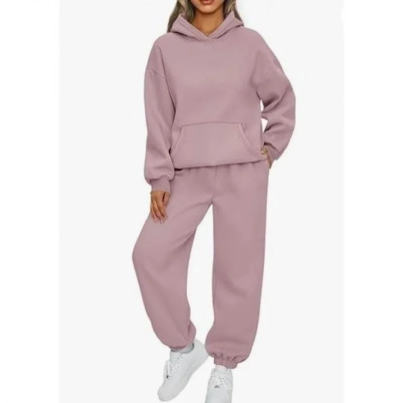 Fashionable Pure Color Autumn Winter Women's Two-Piece Set Casual Hoodie Sportswear Long Pants Ensemble Polyester Fiber