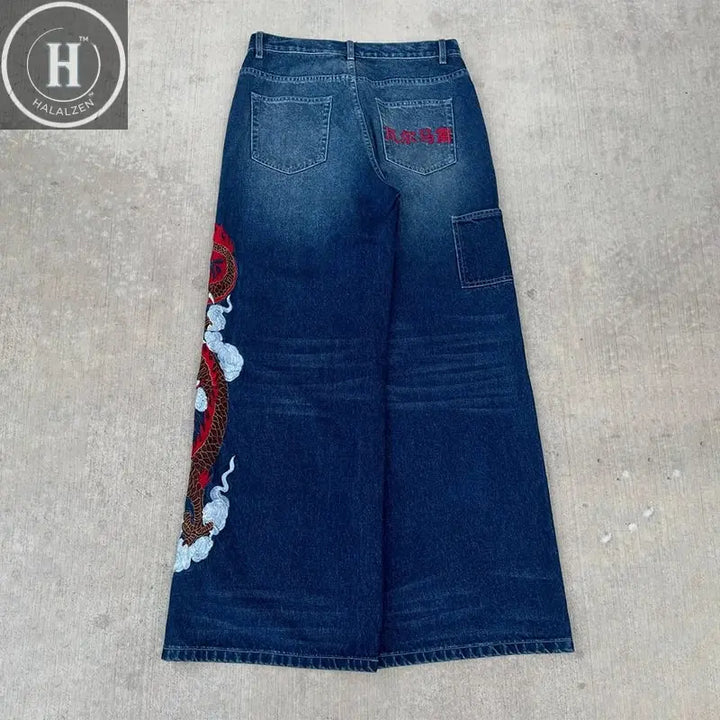 Dragon Graffiti Embroidery Dark Blue Loose Wide Leg Distressed Jeans Y2K High Waist Men Women Vintage Casual Daily Streetwear Halalzen UK
