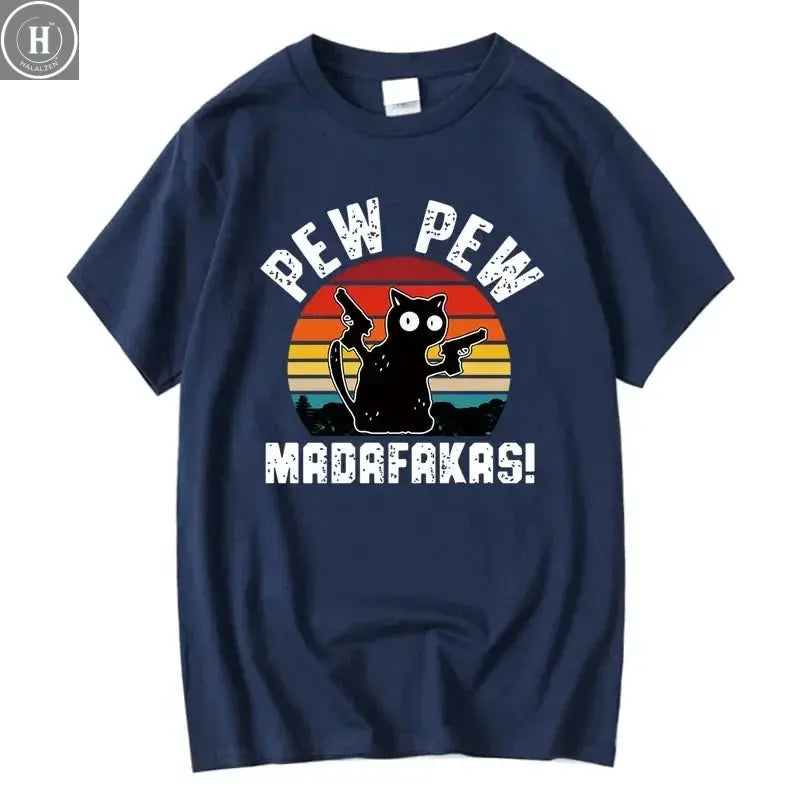 Summer Casual Men's High Quality T-shirt 100% Cotton Cool Funny Cat Printed T-shirt Casual O-neck Loose for Men T Shirt Tees Top HALALZEN