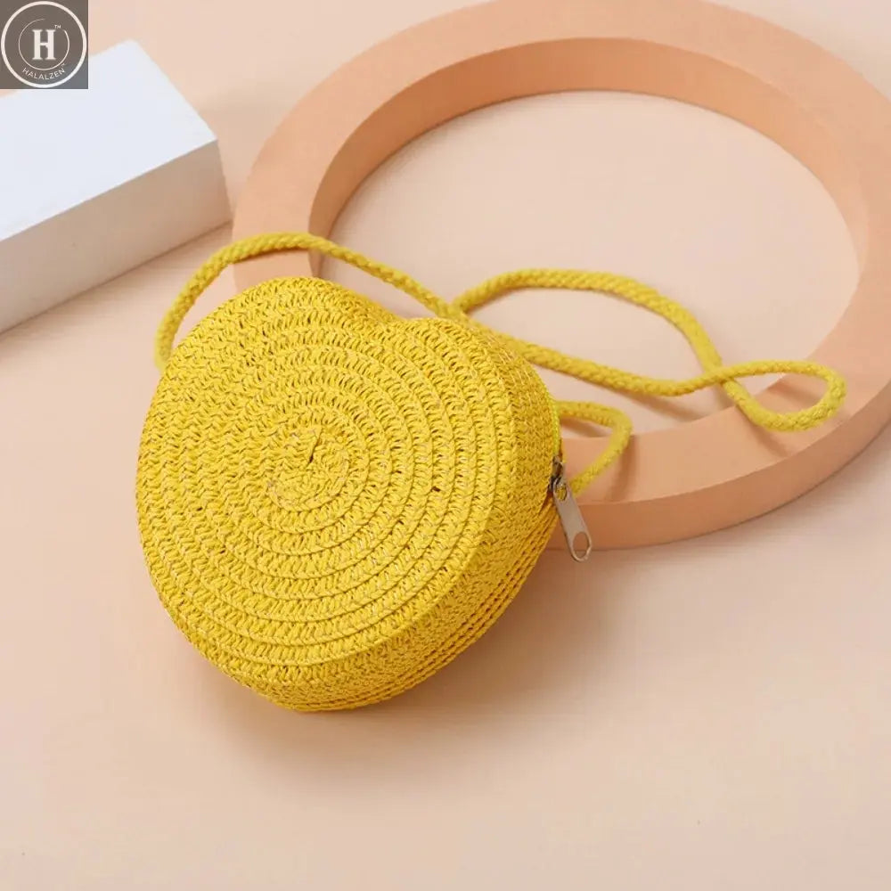 Children's Straw Shoulder Bags Beach Bag Coin Purse Kids Heart Shape Woven Crossbody Bag HALALZEN