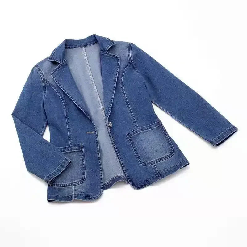 2023-ERFRE Spring Denim Suit Jacket Femme Long-Sleeve One Button Vintage Autumn Jeans Blazer Women Outerwear Cardigan Clothing