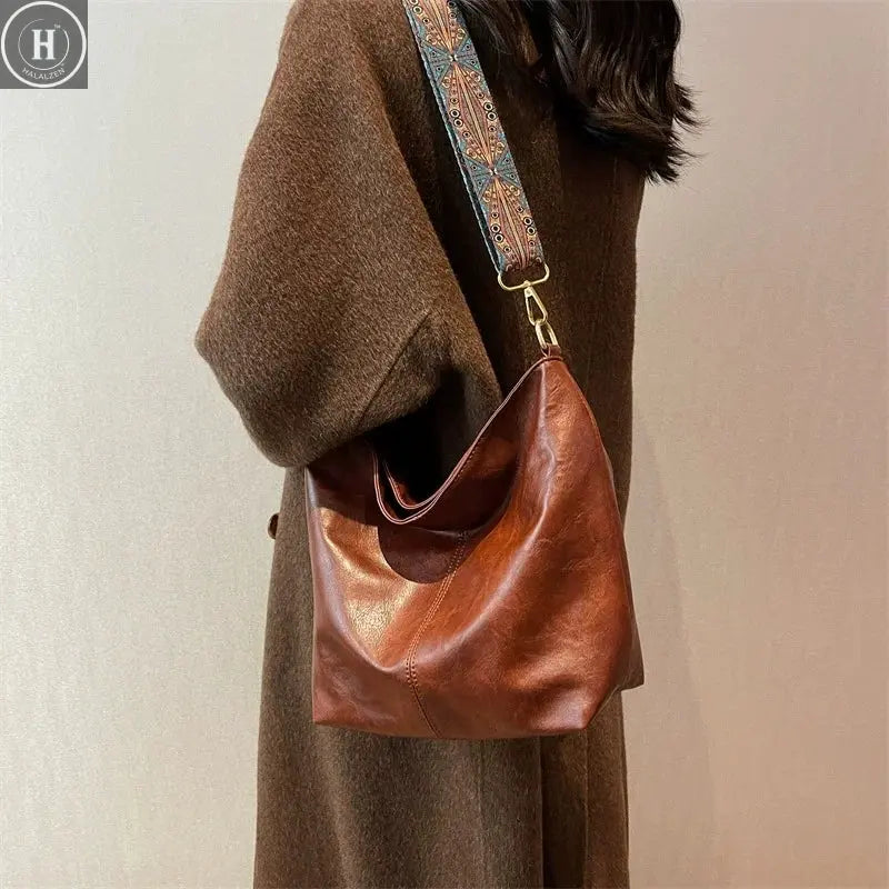 Women Vintage PU Leather Shoulder Bag Large Capacity Hobo Tote Wide Strap Casual Crossbody Purse Daily Handbag Quality HALALZEN