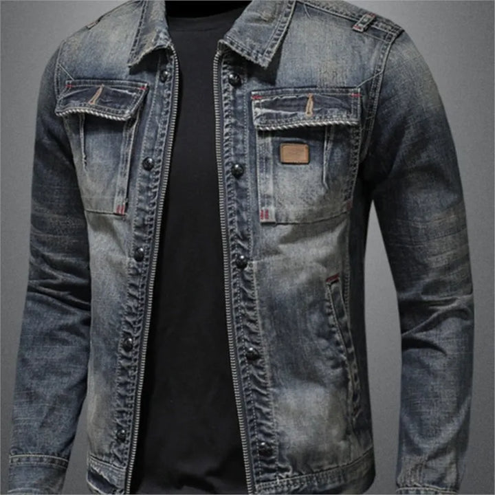Men's Motocycle Denim Jacket, Korean Fit Workwear Jeans Coat For Man, Vintage Zipper Mens Utility Jackets