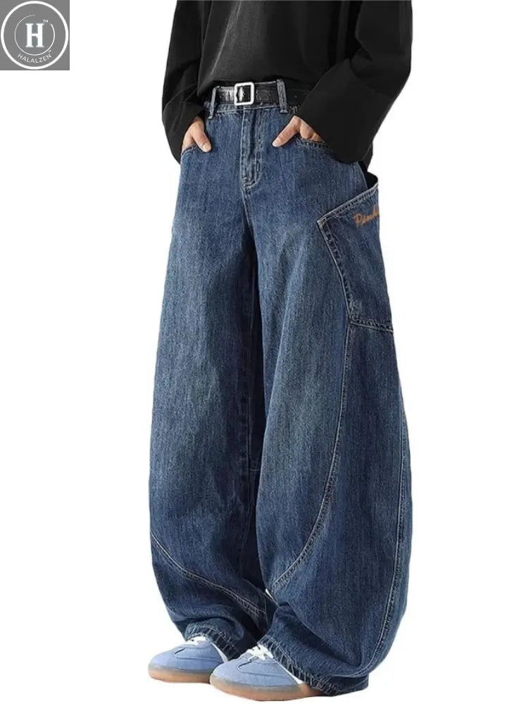 Men's Baggy Barrel Wide Leg Jeans for Men Women Loose Fit Streetwear Y2k Hip Hop Denim Pants Halalzen UK