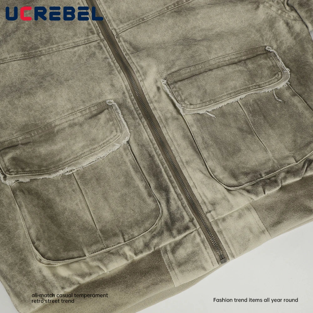 Retro Distressed Cargo Jacket Mens Pocket Autumn High Street Stand Collar Pleated sleeves Outerwear Man