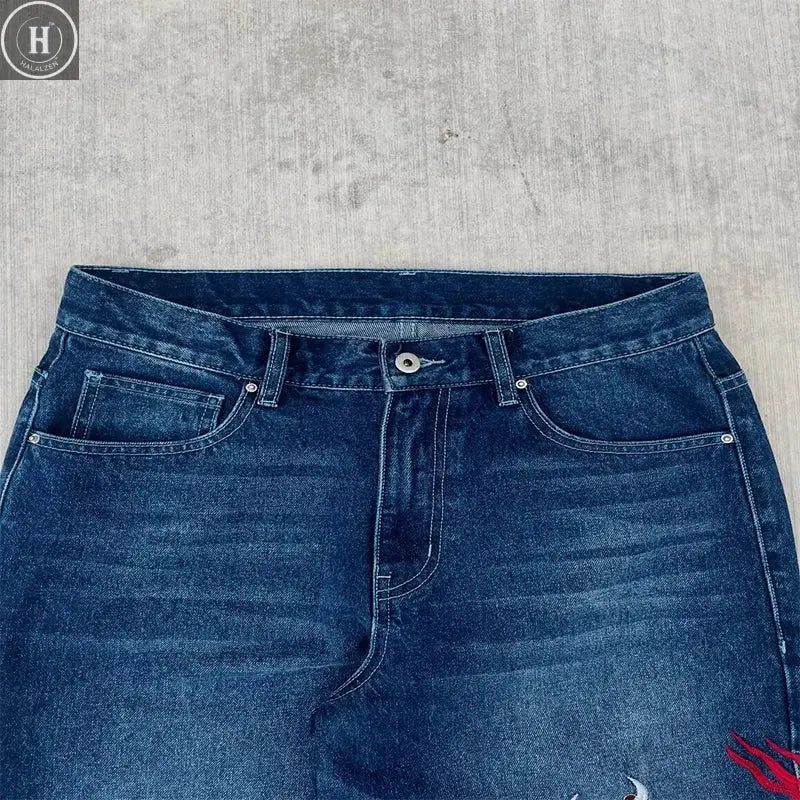 Dragon Graffiti Embroidery Dark Blue Loose Wide Leg Distressed Jeans Y2K High Waist Men Women Vintage Casual Daily Streetwear Halalzen UK