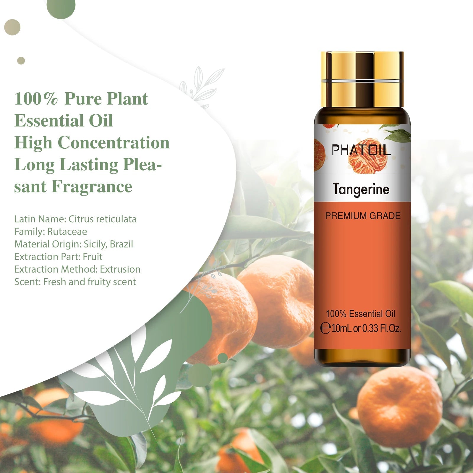 PHATOIL 10ml Sweet Orange Pure Essential Oil with Dropper for Humidifier Diffuser Myrrh Pine Needles Tangerine Thyme Aroma Oils HALALZEN